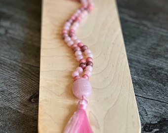 Vintage Rhodonite & Druk Glass Mala Necklace: Heart Chakra Prayer Beads (108 Beads)