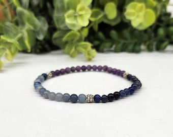 Anxiety Relief - 4 mm Crystal Beaded Bracelet Blue Aventurine,  Sodalite, Amethyst Stretchable, Reiki Infused