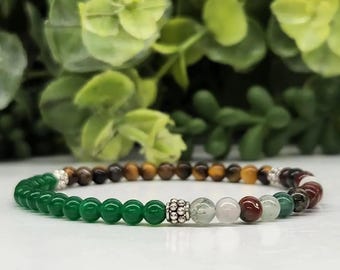 Abundance Gemstone Bracelet – Green Jade, Tiger Eye, Bloodstone (4mm Beads) Reiki Infused