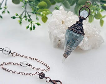 Aquamarine Crystal Pendulum, Copper Wire, Silver Plated Chain, Reiki Infused