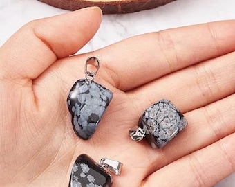 Natural Snowflake Obsidian Pendant, Tumbled Stone, Stainless Steel Bail (15-35mm)