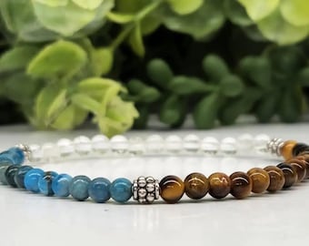 Weight Loss - 4 mm Crystal Beaded Bracelet Blue Apatitee, Yellow Tiger Eye, Clear Quartz, Stretchable,  Reiki Infused