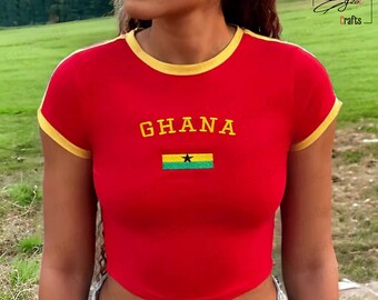 Ghana Femmes Y2K Bébé T-shirt Coquette Crop Top Bébé T-shirt Centre-ville Fille T-shirt Y2K Esthétique Crop Soccer Football Maillot D'été