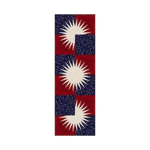 May include: A red and blue fabric panel with a repeating pattern of white stars with a dotted center. The stars are set against a blue background with a swirling pattern.