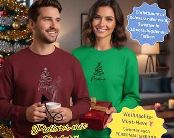 May include: A man and woman are wearing matching Christmas sweaters. The man's sweater is burgundy, and the woman's is green. Both sweaters have a Christmas tree design and text. The image includes text that says "Christmas tree in black or white, sweater in 12 different colors."