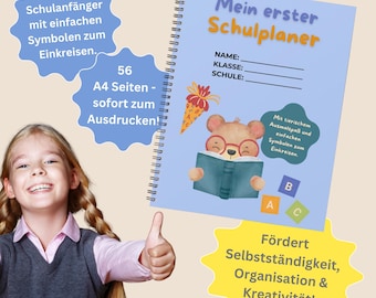 May include: A light blue spiral-bound school planner with the text "Mein erster Schulplaner" and a cartoon bear reading a book. The planner includes space for name, class, and school, and has 56 A4 pages. Additional text includes "Für Schulanfänger" and "Fördert Selbstständigkeit".