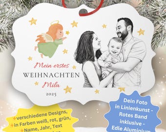 May include: A white metal Christmas ornament featuring a family portrait, angel illustration, and text. The ornament has a red ribbon for hanging and includes the text "Mein erstes WEIHNACHTEN Mila 2025".