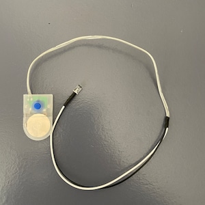 Può includere: Un piccolo dispositivo in plastica trasparente con un pulsante blu e una batteria a bottone argentata. Ha un filo bianco e un filo nero collegati ad esso.