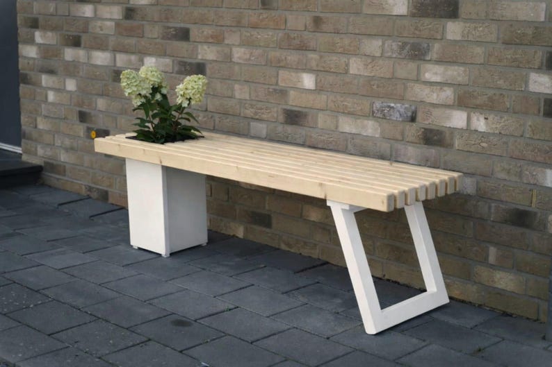 Solid wood bench with flower box/Modern garden bench Farblosöl-weiß