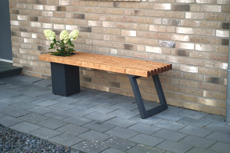 Solid wood bench with flower box/Modern garden bench Dunkel geölt-anthraz