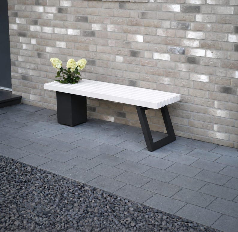 Solid wood bench with flower box/Modern garden bench Weiß-schwarz