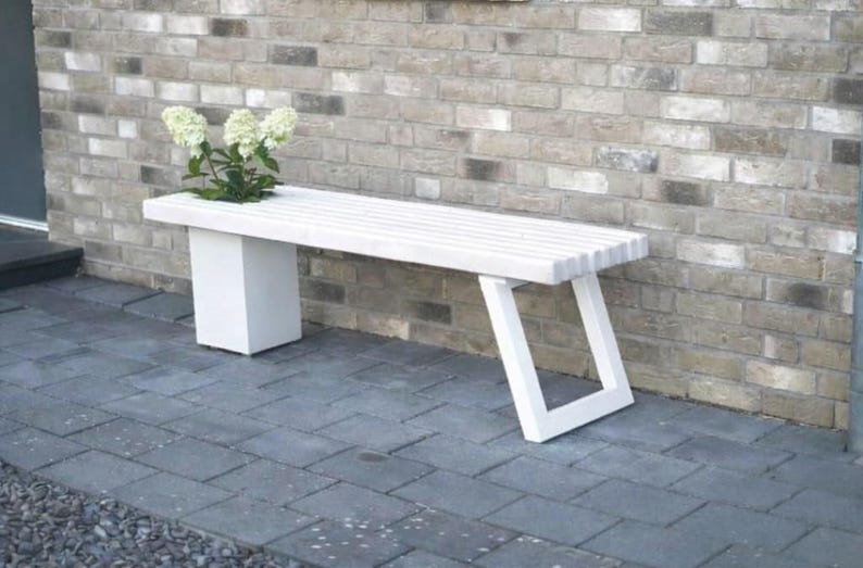 Solid wood bench with flower box/Modern garden bench Weiß-weiß