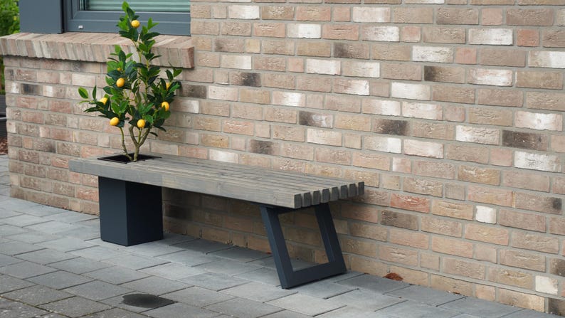 Solid wood bench with flower box/Modern garden bench Grau lasiert-anthraz