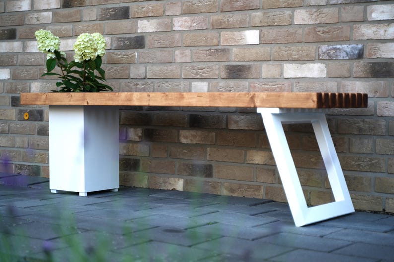 Solid wood bench with flower box/Modern garden bench Dunkel geölt-weiß