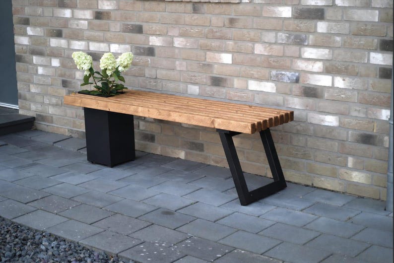 Solid wood bench with flower box/Modern garden bench Dunkel geölt-schwarz
