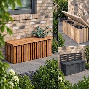 Op de afbeelding: Een rechthoekige opbergbank voor buiten met verticale houten latten en een vlak bovenoppervlak. Het ontwerp bevat een scharnierend deksel dat interne opbergvakken onthult, en er is ook een versie met een lattenrugleuning afgebeeld.