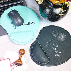 Birth Flower Leather Mousepad, Custom Leather Pad, Mouse Pad With Wrist Rest, Flower Mouse Pad, Leather Computer Desk Pad, Birthday Gift