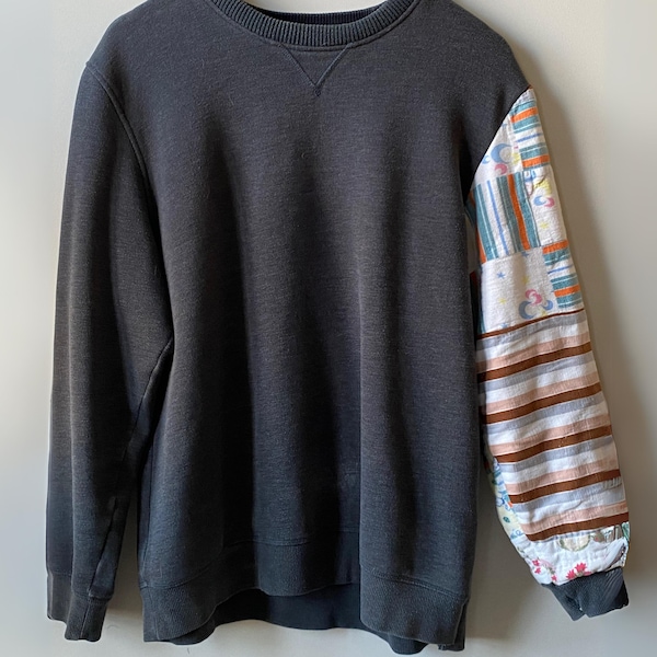 One of a Kind, Upcycled  Sweater, Reworked Thrift, Handmade Sleeve, Slow Fashion, Crew Neck Sweater, Sustainable Fashion