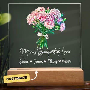 Geboortebloemboeket | Gepersonaliseerd cadeau oma&#39;s verjaardag, mama&#39;s verjaardagscadeau bloei | Gepersonaliseerde tuin geboortemaand bloem, nachtlampje