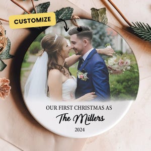 First Christmas Married Personalized Photo Ornament Gift for Couples, Wedding Gift, Christmas 2024 Décor, Custom Ornament, Couples Gift