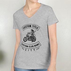 Custom Motorcycle Riding Club Womens V Neck Tshirt, Gift for Motorcycle Lover Enthusiast, Personalized Rocker Patch, Biker Lady Mom Shirt