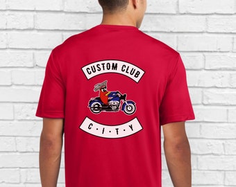 Custom Motorcycle Riding Club Moisture Wicking Tshirt, Gift for Bike Lover, Chopper Enthusiast Shirt, Personalized Rocker Patch, Biker Dad