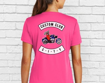 Custom Motorcycle Riding Club Moisture Wicking Womens Tshirt, Gift for Bike Lover, Chopper Shirt, Personalized Rocker Patch, Biker Mom Tee