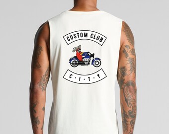 Custom Motorcycle Riding Club Muscle Tank, Gift for Bike Lover, Chopper Enthusiast Shirt, Personalized Rocker Patch, Biker Dad Grandpa Gift