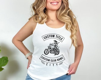 Custom Motorcycle Riding Club Womens Racerback Tank, Gift for Motorcycle Lover Enthusiast, Personalized Rocker Patch, Biker Mom Grandma Aunt