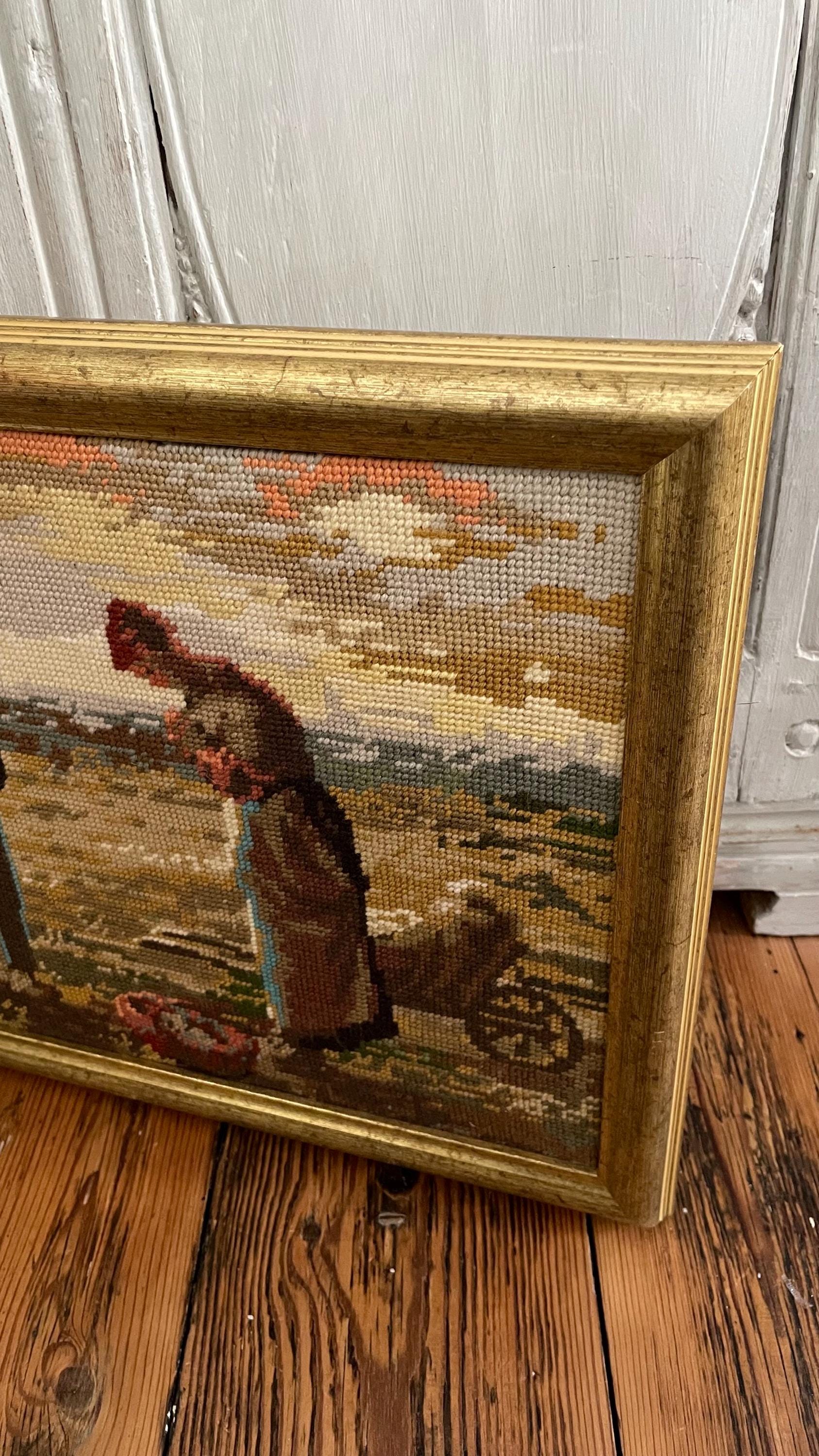 Vintage Needlepoint Embroidery – Framed “the Angelus” Peasant Farmers ...