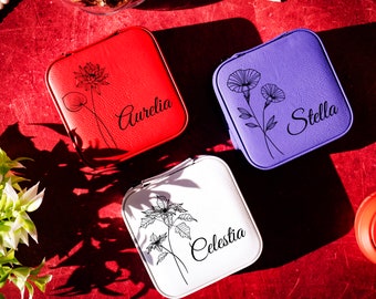 Personalized Birth Flower Jewelry Case, Custom Flower Engraved Jewelry Box, Travel Jewelry Organizer, Birth Month Flower, Gift For Her