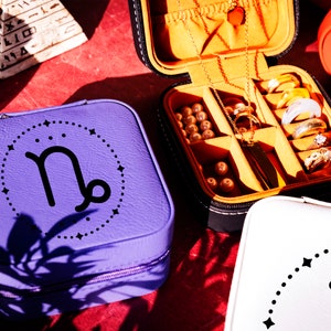 Personalized Zodiac Design Jewelry Case, Custom Leather Jewelry Box, Travel Jewelry Organizer, Astrology Gift, Gift For Her, Christmas Gift
