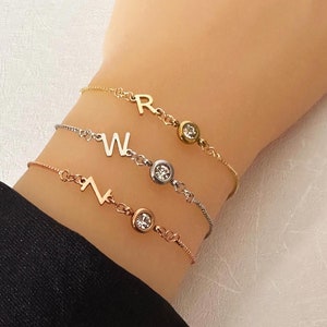 Pulsera personalizada ajustable con letras iniciales personalizadas y circonita cúbica CZ, regalo para ella, mamá, hermana, oro rosa, plata, oro minimalista