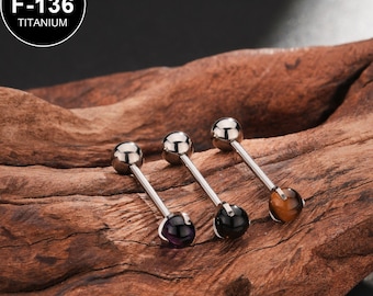 Anel de barra de língua com pedra natural e ponta de titânio 14G/joia de barra reta/piercing de língua/1 peça/joia de língua/anel de língua/presente para ela