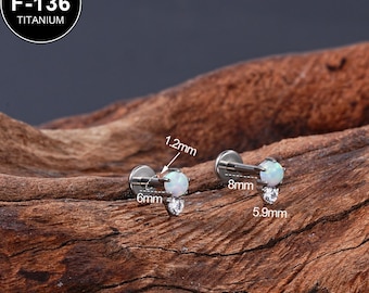 Pino de cartilagem de titânio 16G sem rosca, opala e zircônia cúbica, pino de concha, pino de tragus, pino de costas planas, pino de labret, pino de hélice frontal, 1 peça, presente para ela