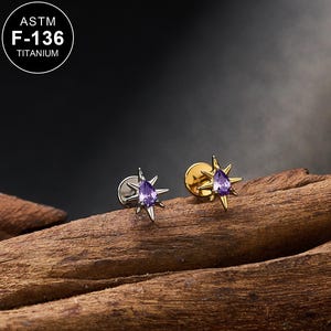 Puede incluir: Dos pendientes en forma de estrella con un centro de piedra preciosa púrpura en forma de lágrima. Un pendiente es plateado, el otro dorado. Los pendientes se muestran sobre un trozo de madera. La imagen incluye un logotipo circular con el texto "ASTM F-136 TITANIUM".