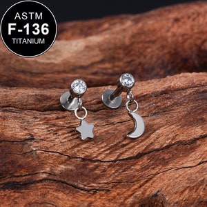 16G Titanium Dangle Moon&Star CZ Cartilage Stud/Labret Stud/Tragus Stud/Flat Back Earring/Helix Stud/Cartilage Piercing/Internally Threaded