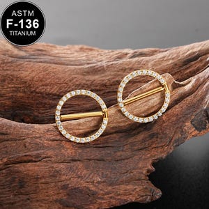 2Pcs 14G Titanium Gold CZ Circular Nipple piercing Jewelry/Nipple Jewelry/Nipple Barbell/Barbell Piercing/Nipple Clamp/Nipple Shield/Gift