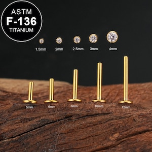 20g/18g/16g Gold Titanium Tiny Bezel CZ Threadless Flat Back Earring/Nose Stud/Push Pin Labret Stud/Helix/Tragus/Conch/Earlobe Earring/Gift