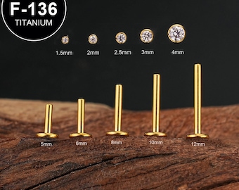 20g/18g/16g Gold Titanium Tiny Bezel CZ Threadless Flat Back Earring/Nose Stud/Push Pin Labret Stud/Helix/Tragus/Conch/Earlobe Earring/Gift