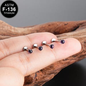 1PCS 16G Titanium Amethyst Cartilage Stud/Internally Threaded/Labret Stud/Tragus Stud/Flat Back Earring/Helix Stud/Conch Stud/Gift For Her