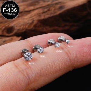 20G/18G/16G Implant Grade Titanium Prong CZ Threadless Push Pin Labret/Tragus/Cartilage/Conch/Flat Back Earring/Nose Stud/2,2.5,3,4mm/Gifts