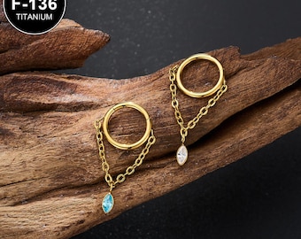1 peça de corrente pendente dourada em titânio calibre 16G para cartilagem/brinco de hélice/brinco de concha/zircônia cúbica transparente/azul