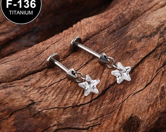 16G Titanium Spike Star CZ Cartilage Stud/Labret Stud/Tragus Stud/Flat Back Earring/Helix Stud/Cartilage Piercing/Internally Threaded/Gift