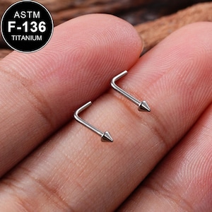 May include: Two silver nose rings with a pointed end. The rings are made of titanium and are ASTM F-136 certified.