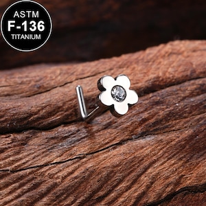 20G Titanium L Shape Floral CZ Nose Ring/Nose Stud/Tiny Nose Stud/Nose Ring/Nose Piercing/1Pcs/Nose Bone/Nostril Jewelry/Nostril piercing