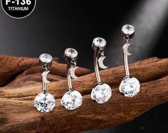Piercing de umbigo em forma de lua pendente de titânio 14G sem rosca/barra curva para umbigo/barra sem rosca/piercing de umbigo/joia para umbigo/piercing de umbigo/1 peça