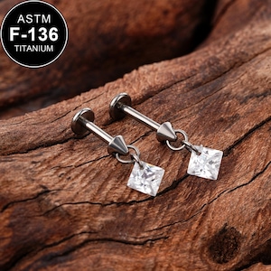 16G Titanium Threadless Dangle Square CZ Cartilage Stud/Cartilage Stud/Helix/Tragus Stud/Flat Back Earring/Helix Stud/Cartilage Piercing