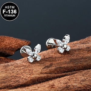 16G Titanium Butterfly CZ Labret Stud/Cartilage Stud/Inner Conch Stud/Helix/Tragus Stud/Flat Back Earring/1PCS/Internally Threaded/Gift