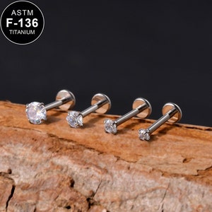 16G Titanium Prong CZ Labret Cartilage Stud/Cartilage Stud/Tragus Stud/Flat Back Earring/Helix Stud/Cartilage Piercing/Internally Threaded